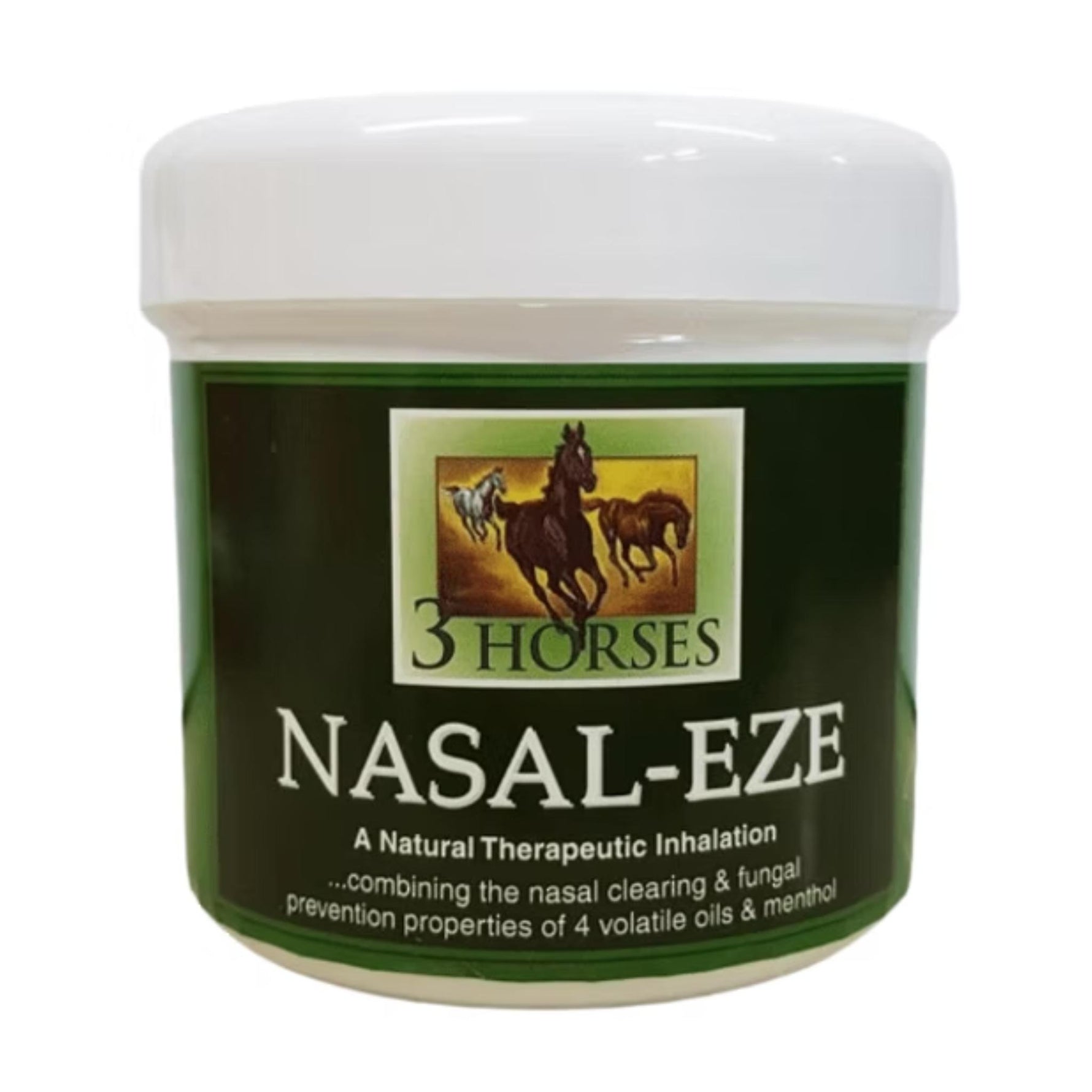 A white plastic jar of 3 Horses Nasal-Eze natural therapeutic inhalation, featuring a dark green label with an illustration of three horses.