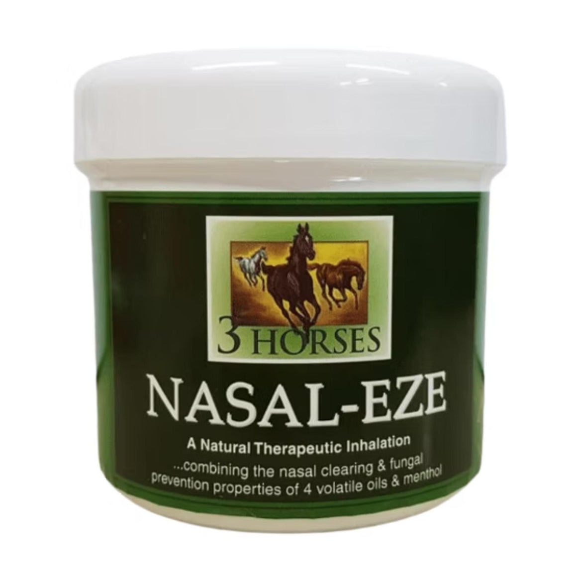 A white plastic jar of 3 Horses Nasal-Eze natural therapeutic inhalation, featuring a dark green label with an illustration of three horses.