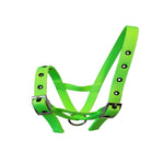A bright neon green calf halter with silver metal buckles and a silver metal ring, shown against a plain white background.