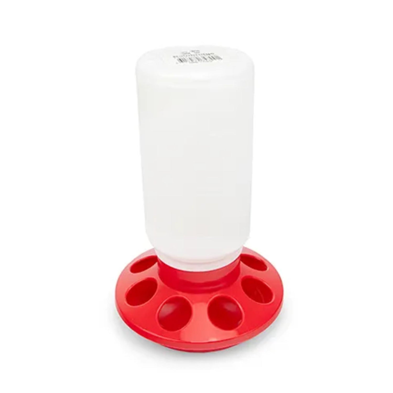Red and white plastic chicken feeder on a white background