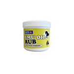 A white plastic jar of Eumare Health EMU OIL RUB with a bright yellow label, shown against a plain white background.