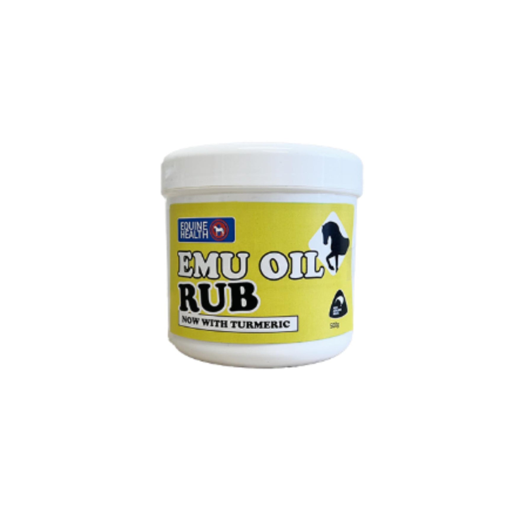 A white plastic jar of Eumare Health EMU OIL RUB with a bright yellow label, shown against a plain white background.