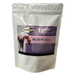 A white stand-up resealable pouch of Vetpro Equine Athlete Acid Protect supplement, featuring a purple label with a horse photo and product text.