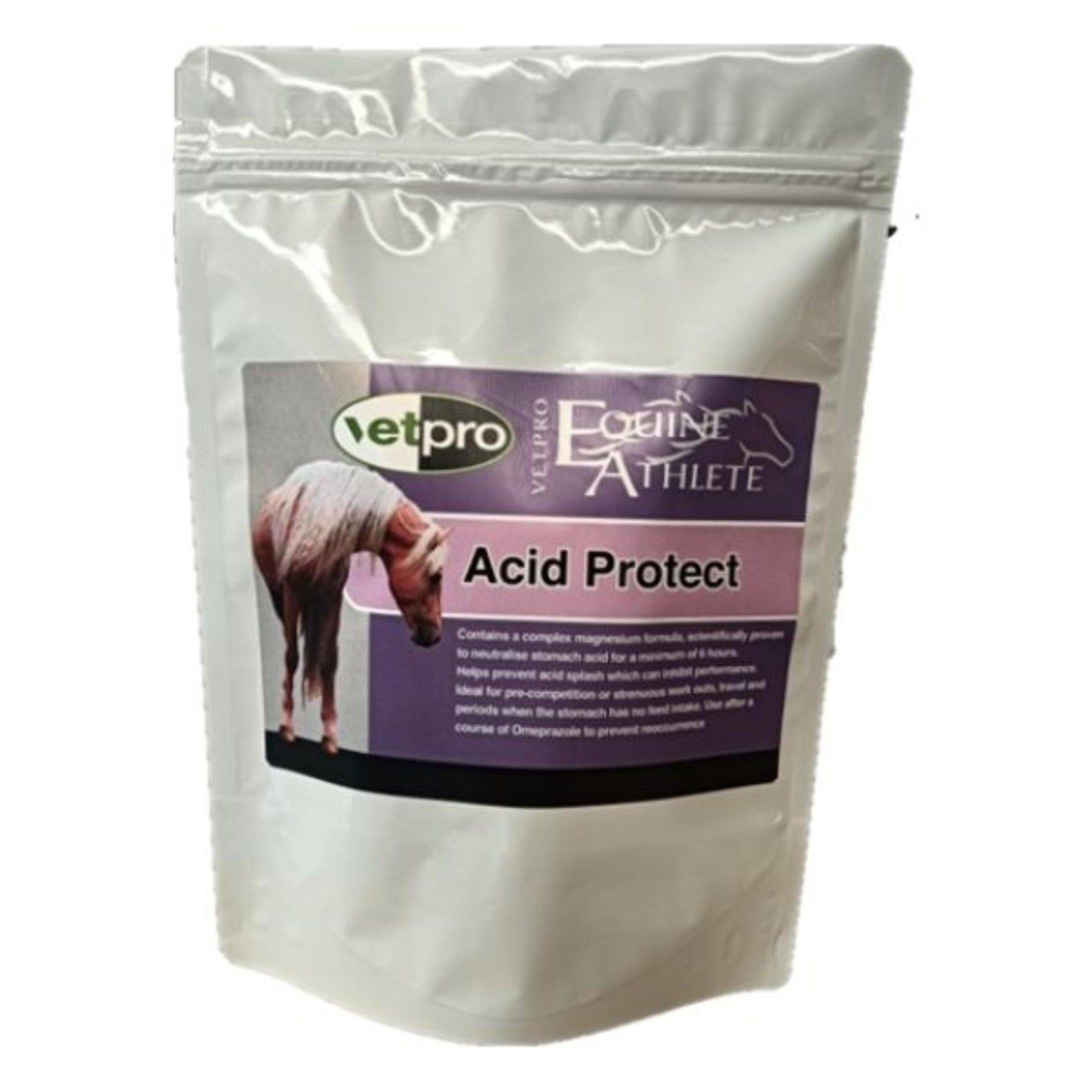 A white stand-up resealable pouch of Vetpro Equine Athlete Acid Protect supplement, featuring a purple label with a horse photo and product text.