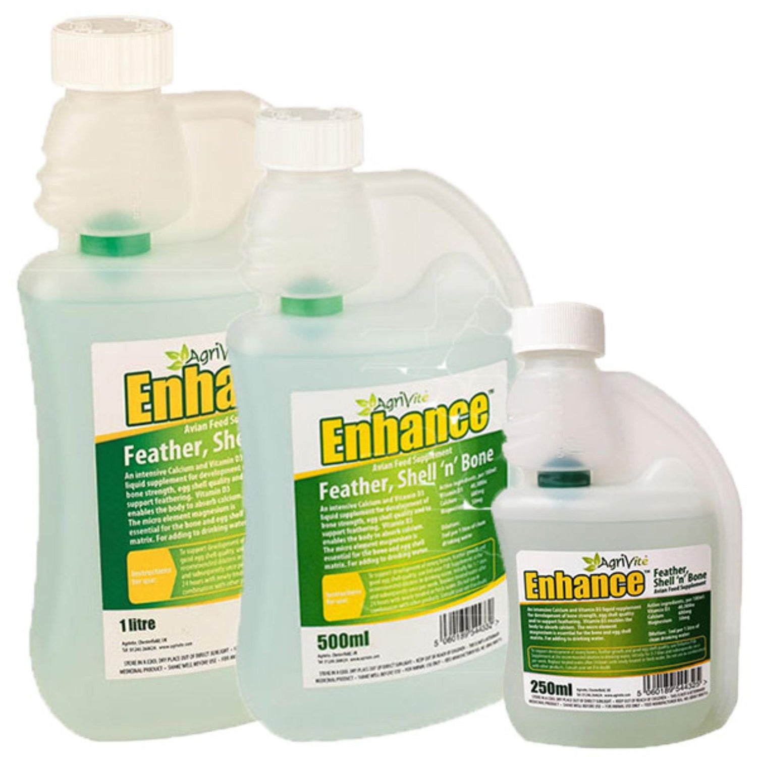 Three translucent plastic bottles of AgriVee Enhance feather and shell support supplement in 1 litre, 500ml, and 250ml sizes, arranged against a plain white background.
