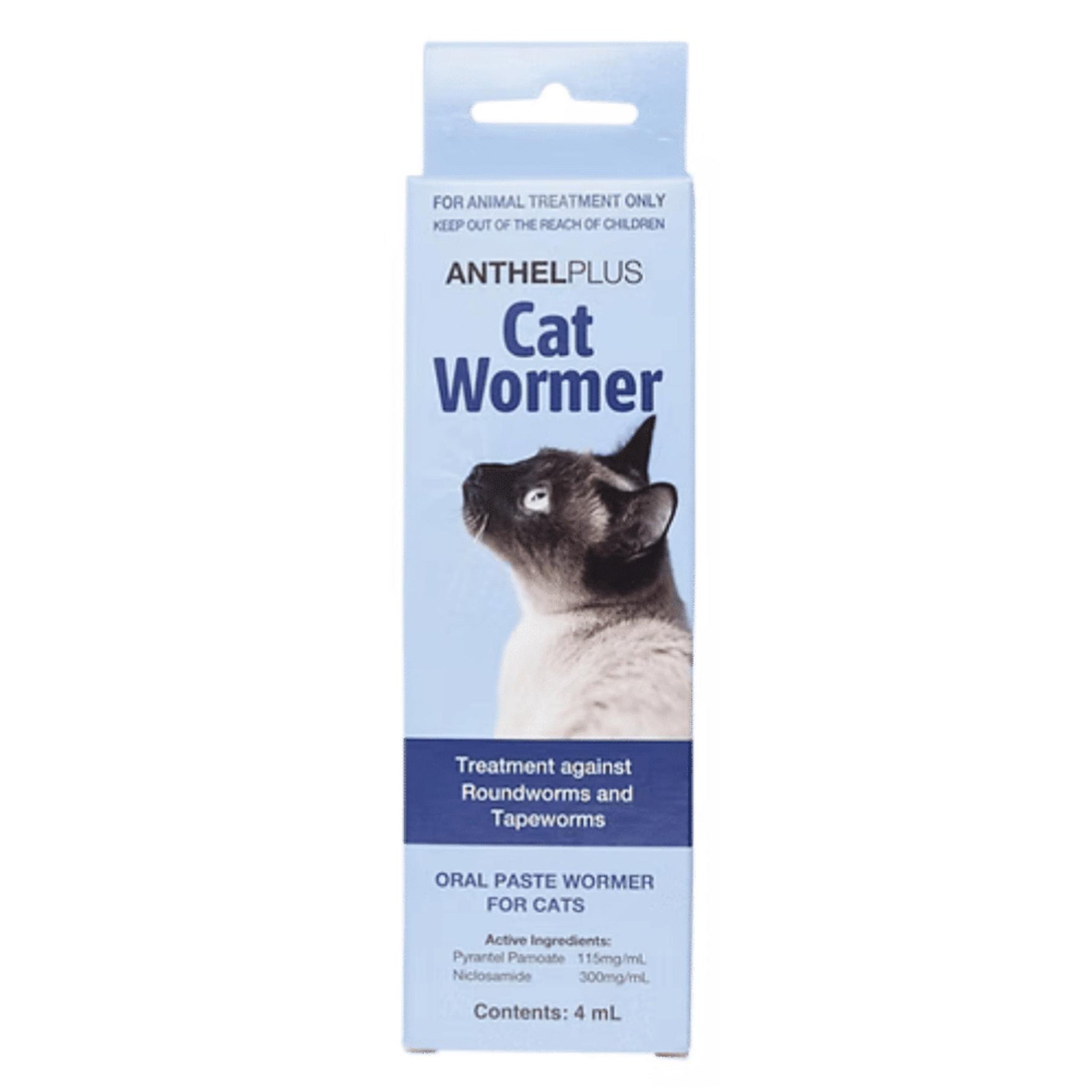Anthelplus Cat Wormer oral paste wormer for cats in a light blue cardboard box with a picture of a cat on the front.