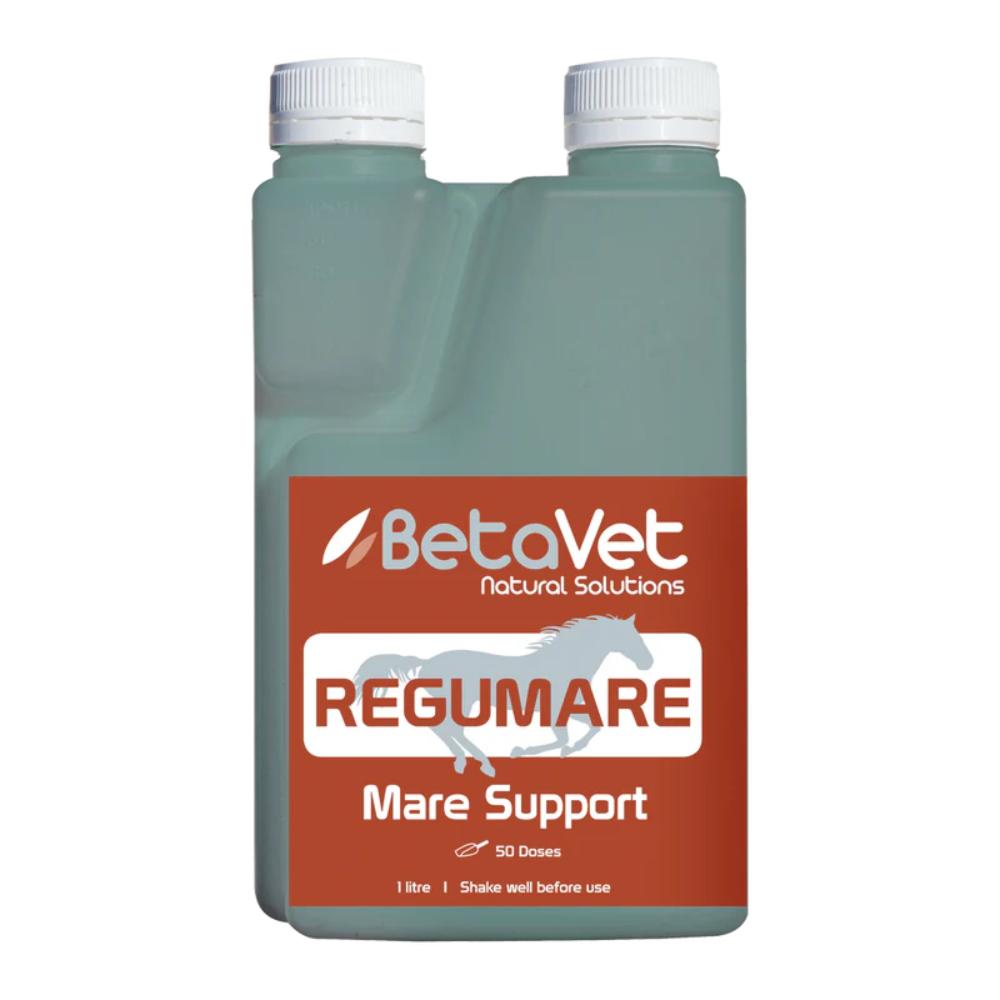 A bottle of BetaVet Regumare Mare Support, with product information and branding visible.