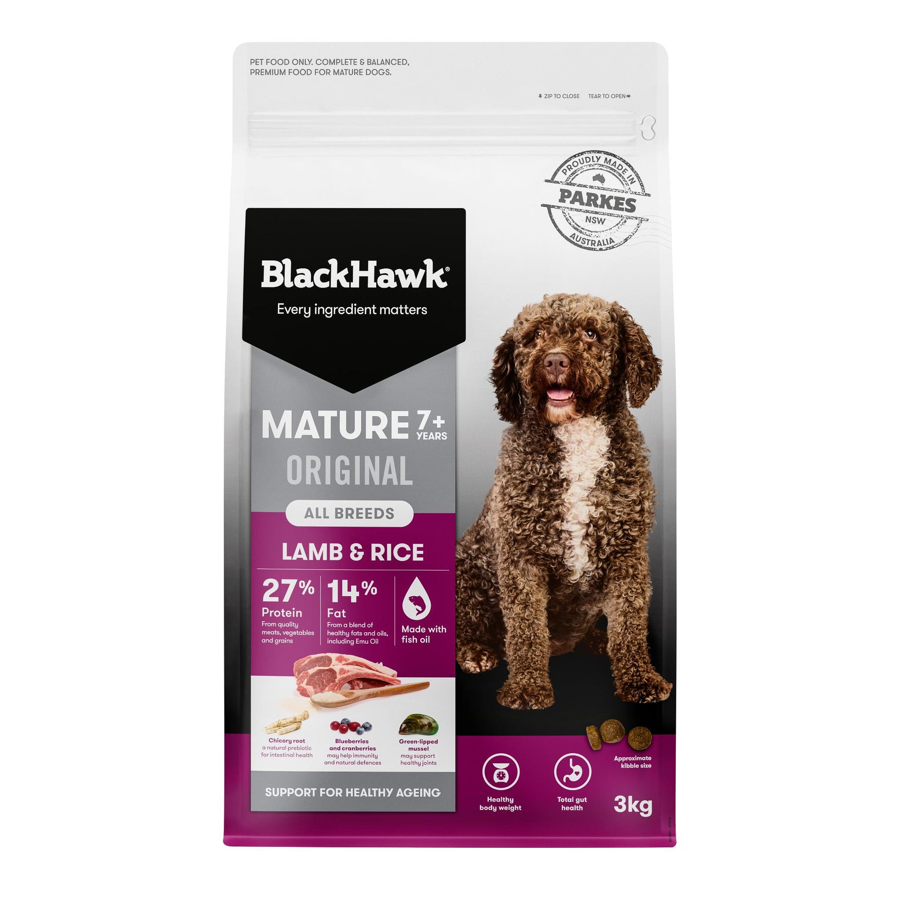 BlackHawk dog food package for mature dogs with a brown dog on a white background