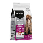 A 3kg bag of BlackHawk Mature 7+ Lamb & Rice dog food, featuring a brown curly-haired dog on the front of the packaging against a plain white background.