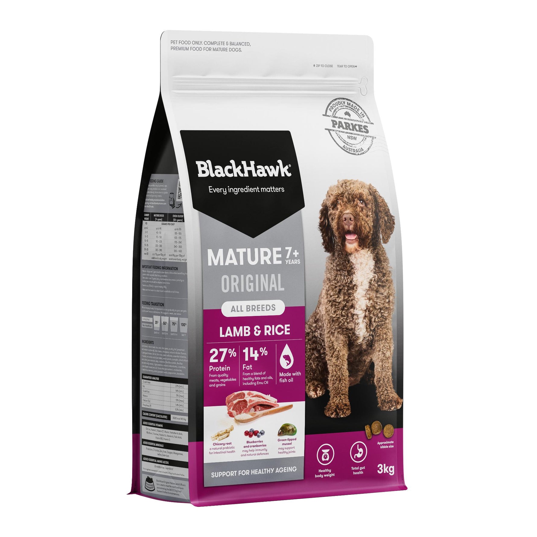 A 3kg bag of BlackHawk Mature 7+ Lamb & Rice dog food, featuring a brown curly-haired dog on the front of the packaging against a plain white background.