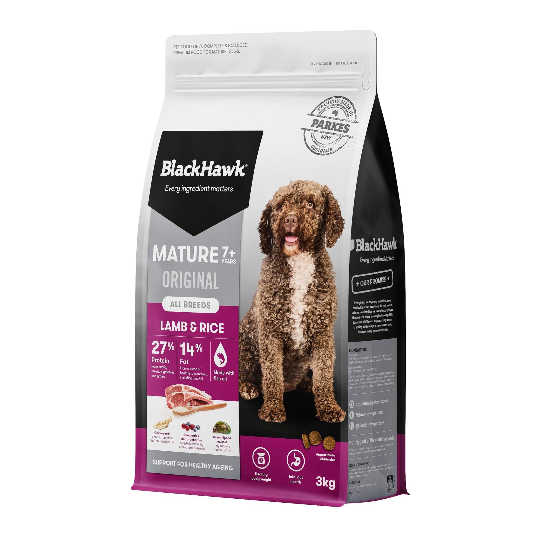 A 3kg bag of BlackHawk Mature 2+ Original Lamb & Rice dog food, featuring a brown and white dog on the front, set against a plain white background.