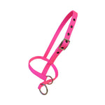 A bright pink dog halter with silver metal rings and buckle, displayed on a clean white background.