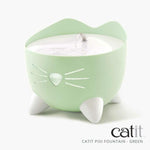 Green cat-shaped water fountain with 'catit' branding on a white background