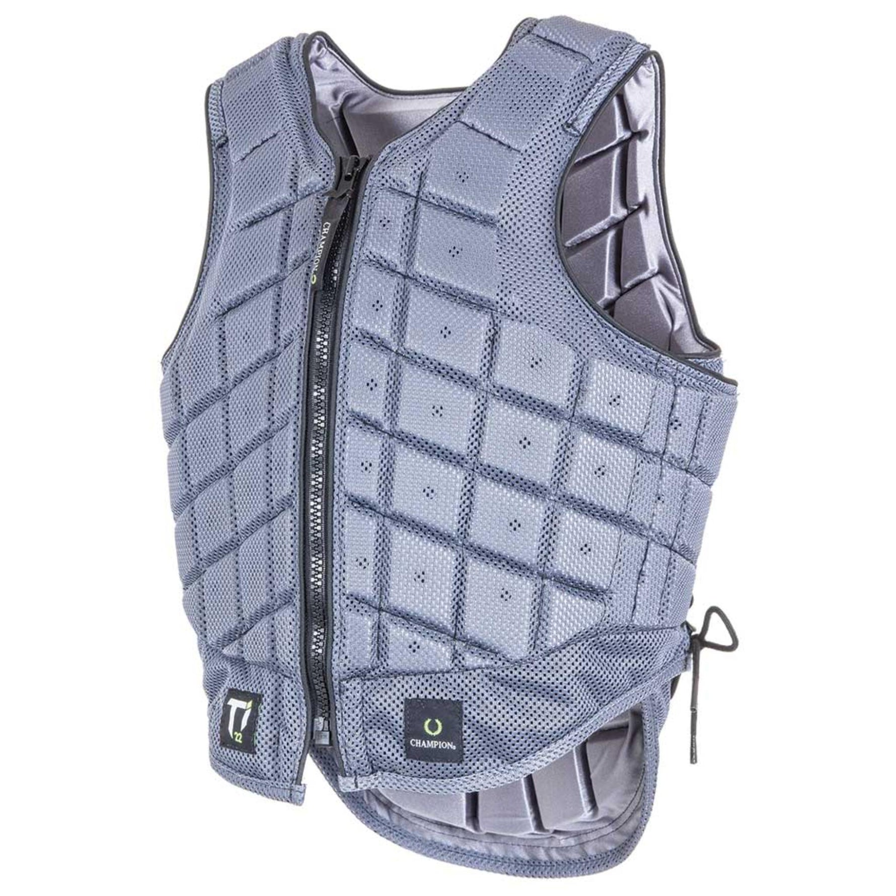 Gray protective vest with a grid pattern on a white background