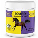 A white plastic jar of Equifix EMU OIL REPAIR CREAM by VetBro, featuring a yellow and purple label with a running brown horse graphic.