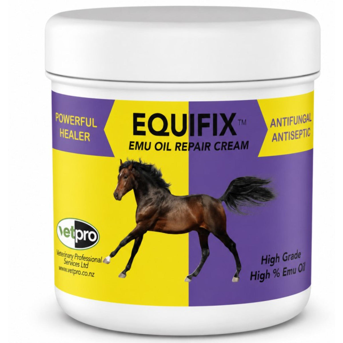 A white plastic jar of Equifix EMU OIL REPAIR CREAM by VetBro, featuring a yellow and purple label with a running brown horse graphic.