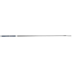A long, thin black dressage whip with a small blue and white section on one end and a dark tip on the other, shown horizontally against a plain white background.