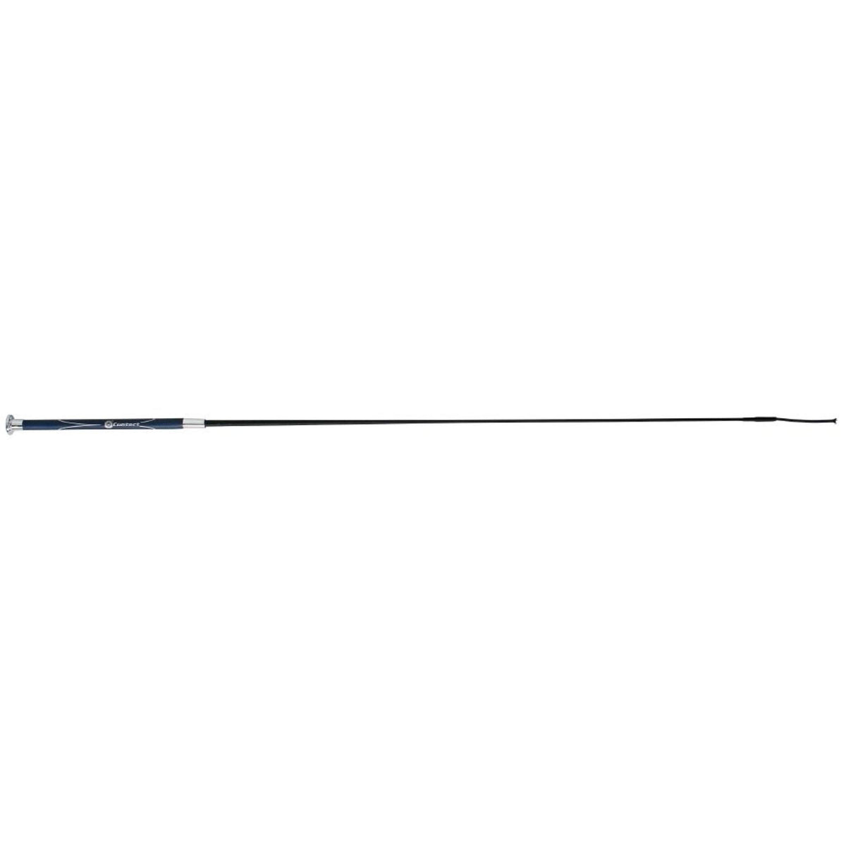 A long, thin black dressage whip with a small blue and white section on one end and a dark tip on the other, shown horizontally against a plain white background.