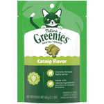 A green and white stand-up pouch of Feline Greenies Dental Treats, Catnip Flavor, featuring a cartoon cat illustration and a single treat shown on the front.