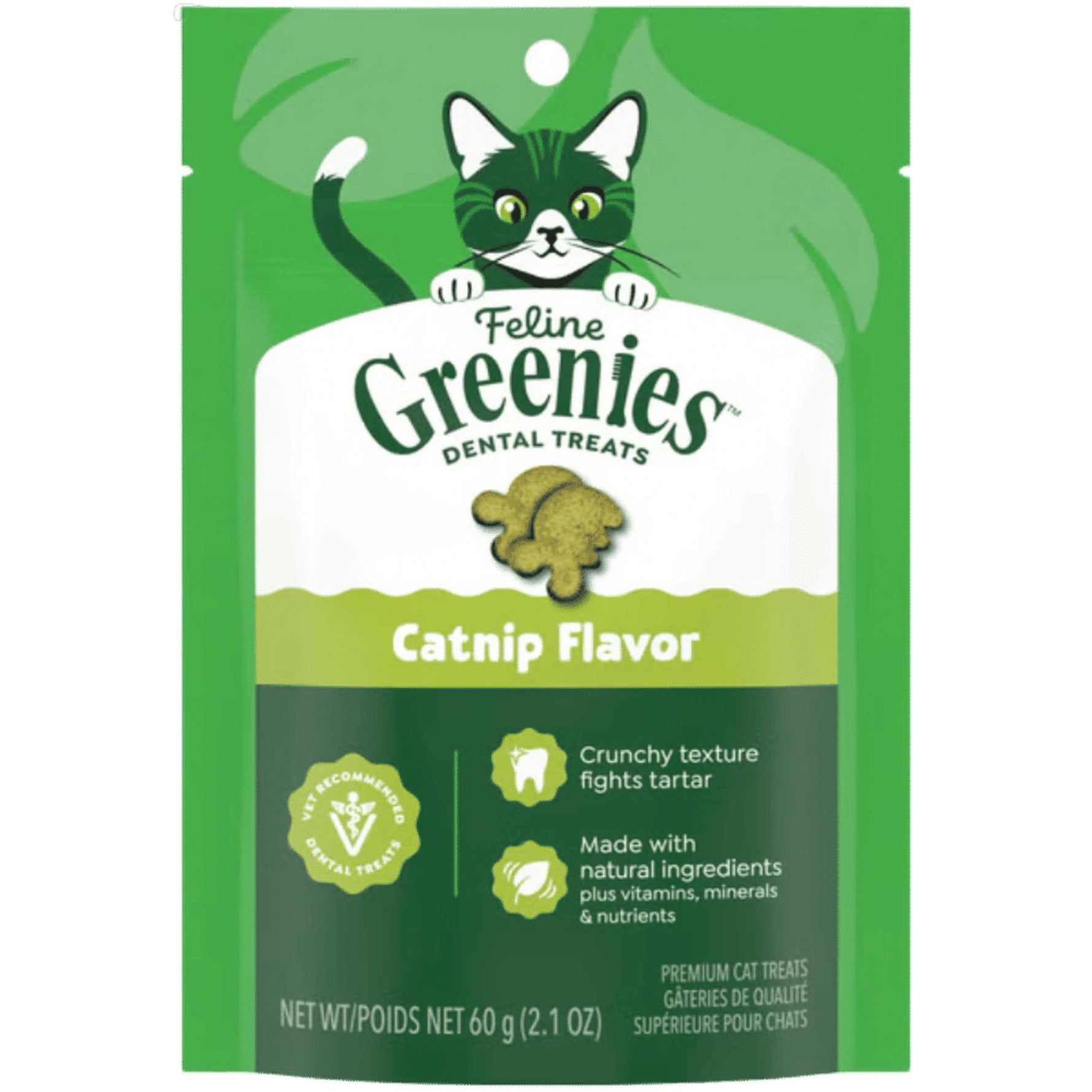 A green and white stand-up pouch of Feline Greenies Dental Treats, Catnip Flavor, featuring a cartoon cat illustration and a single treat shown on the front.