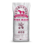 A bag of Harvest Grains Gastro Care Pink Mash, which is a horse feed supplement. The packaging is predominantly white with pink accents and includes images of horses and text related to the product's benefits for horse health.