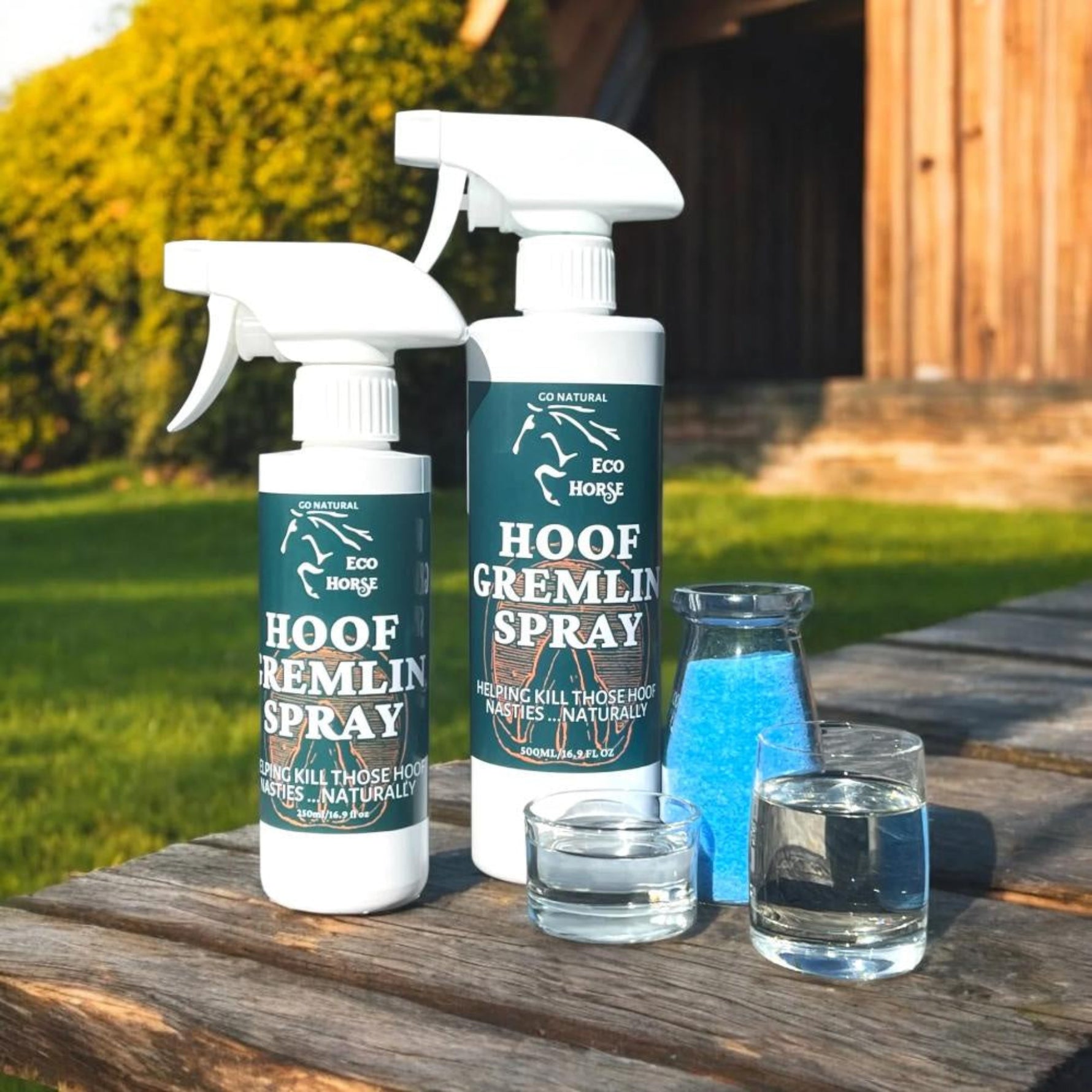 Two bottles of Eco Horse Hoof Gremlin Spray placed on a wooden surface with a clear measuring cup and glasses filled with the blue solution. The product bottles have white spray nozzles and green labels.