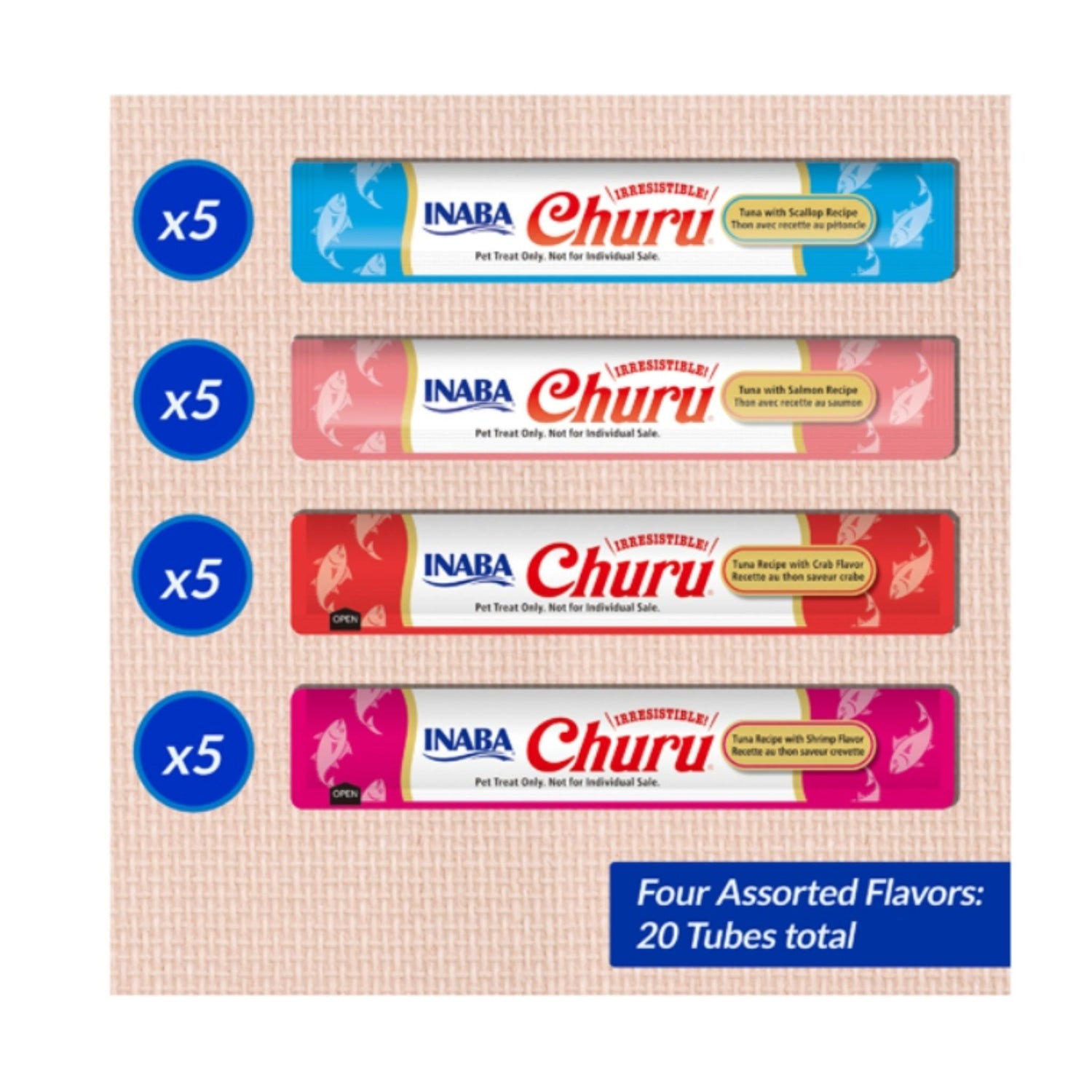 Assorted flavors of Inaba Churu pet treats in a packaging box.