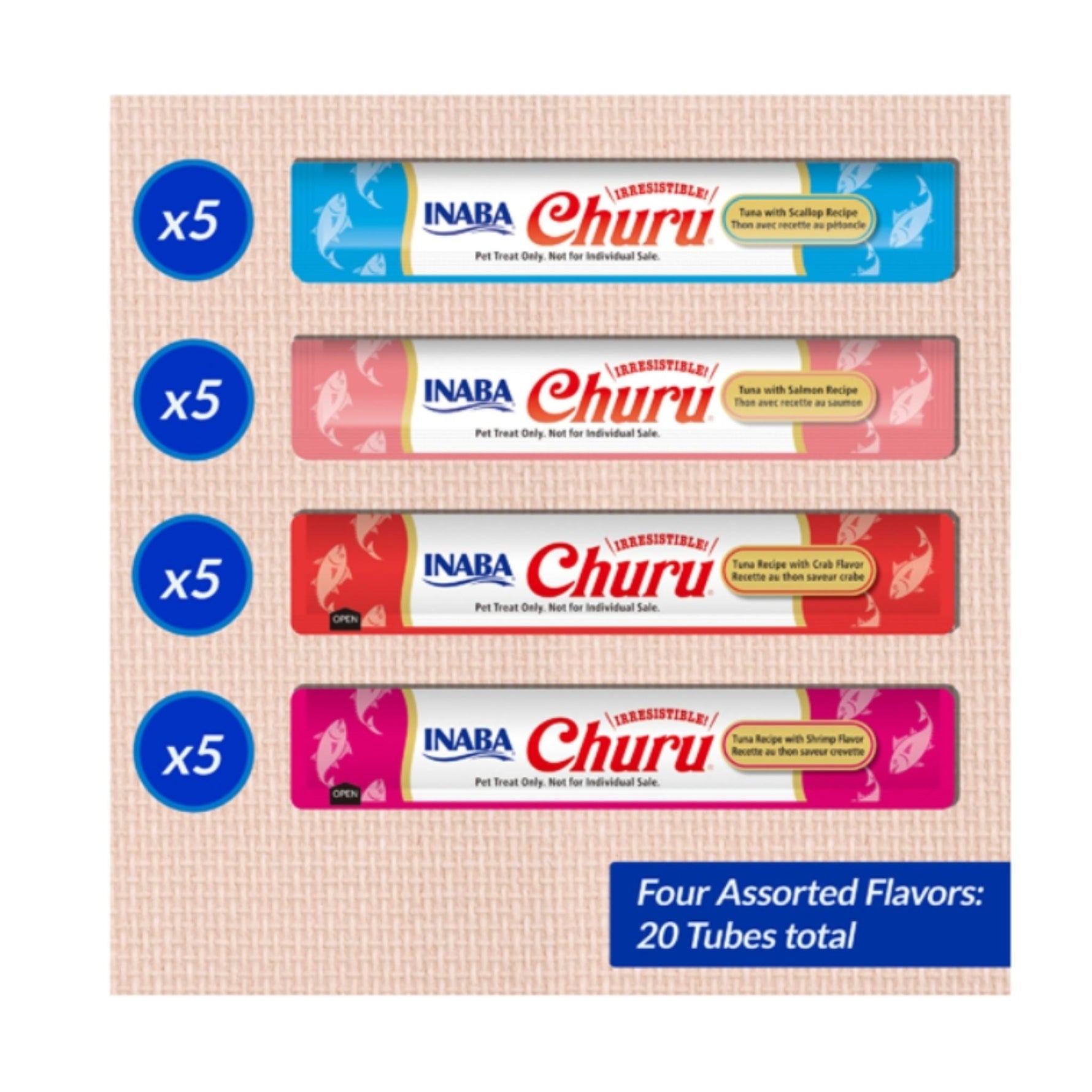 Assorted flavors of Inaba Churu pet treats in a packaging box.