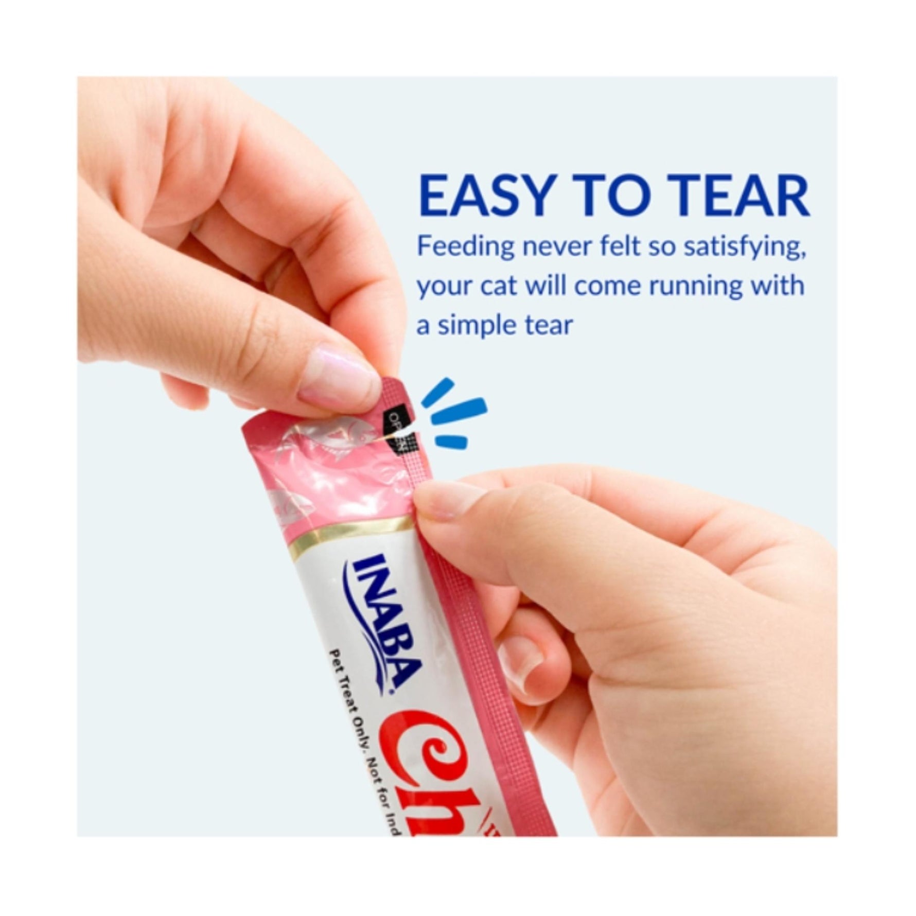 Hand opening a INABA pet treat package with text about ease of use.