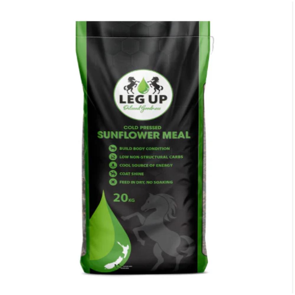 Bag of LEG UP Cold Pressed Sunflower Meal for horses on a white background