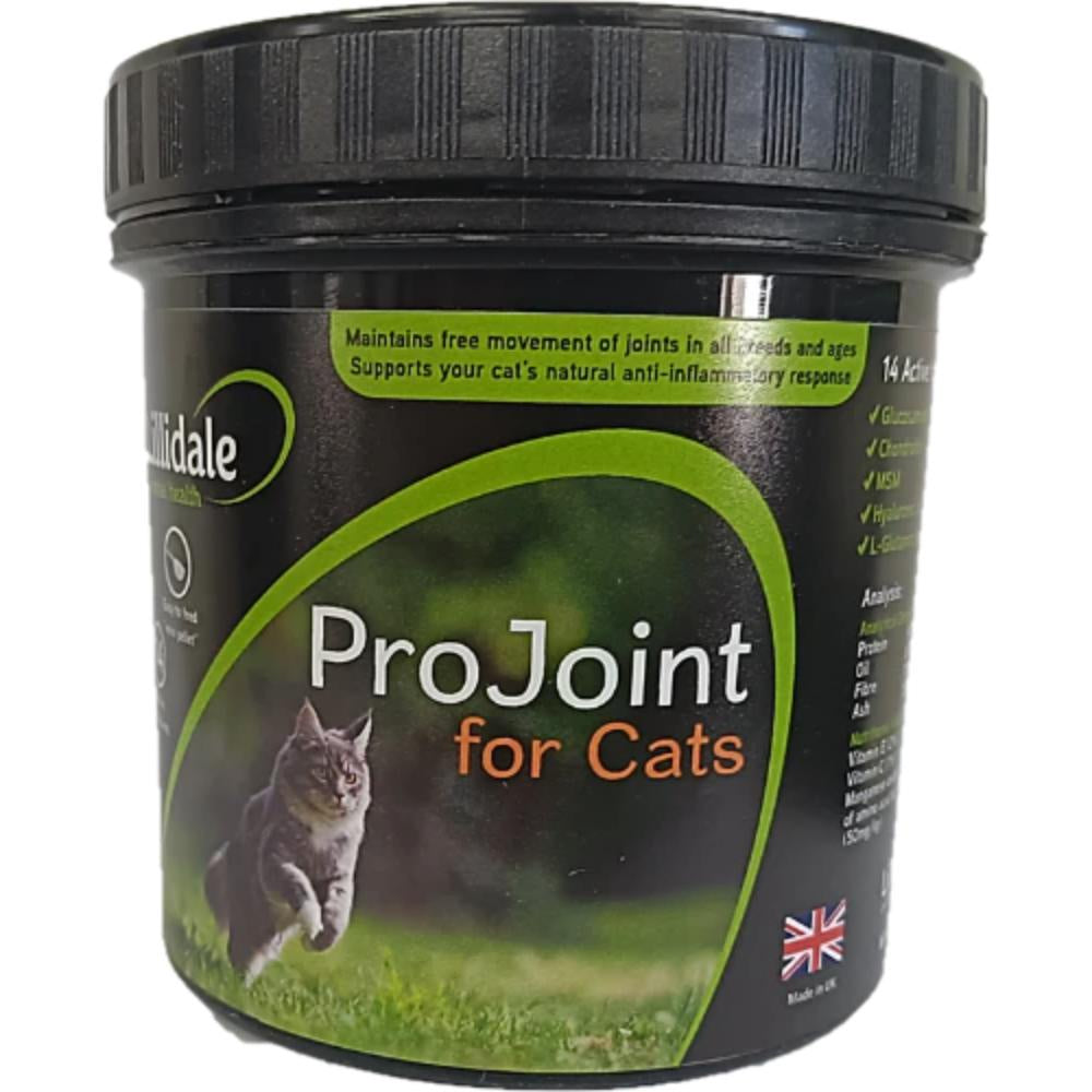 A container of ProJoint for Cats, a joint supplement designed for cats to aid in joint function. The container is labeled with the product name, an image of a cat, and various descriptive texts including 'Maintains free movement of joints in cats' and 'Supports your cat's natural anti-inflammatory response'.