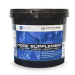 A black plastic tub of Mustad Right Balance Hoof Supplement with Biotin and Healthy Treat, featuring a blue and white label with horse imagery.