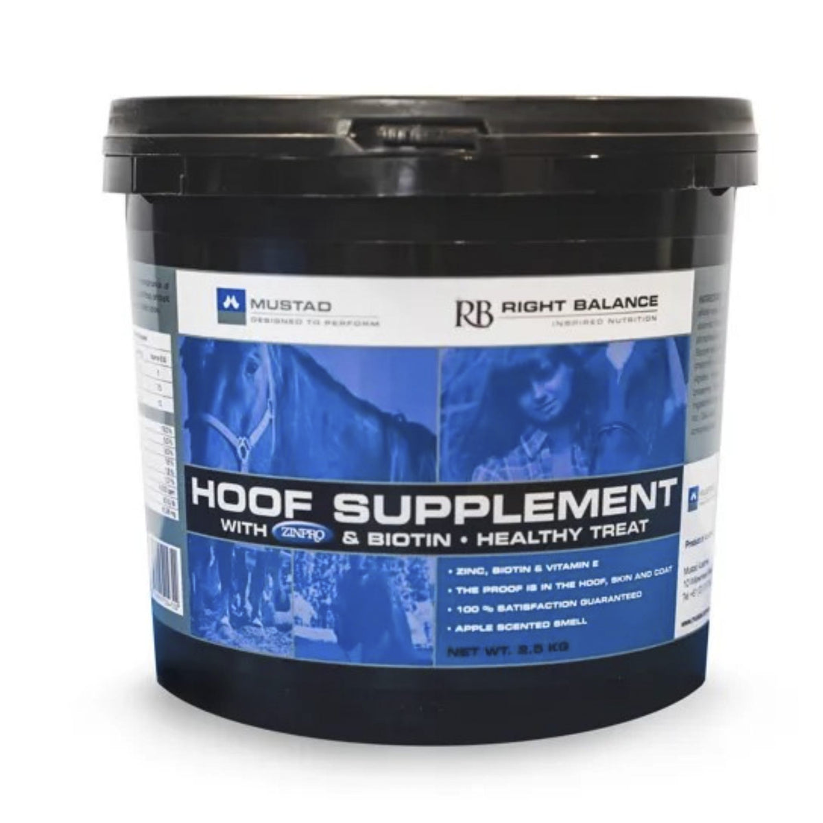 A black plastic tub of Mustad Right Balance Hoof Supplement with Biotin and Healthy Treat, featuring a blue and white label with horse imagery.