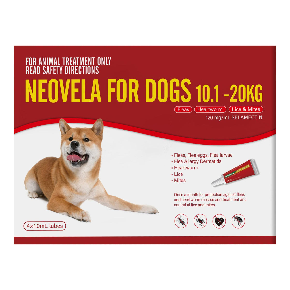 Front of a Neovela for Dogs 10.1 -20kg veterinary treatment box, showing a Shiba Inu dog, a tube of medication, and text listing flea, heartworm, and lice and mites treatment.