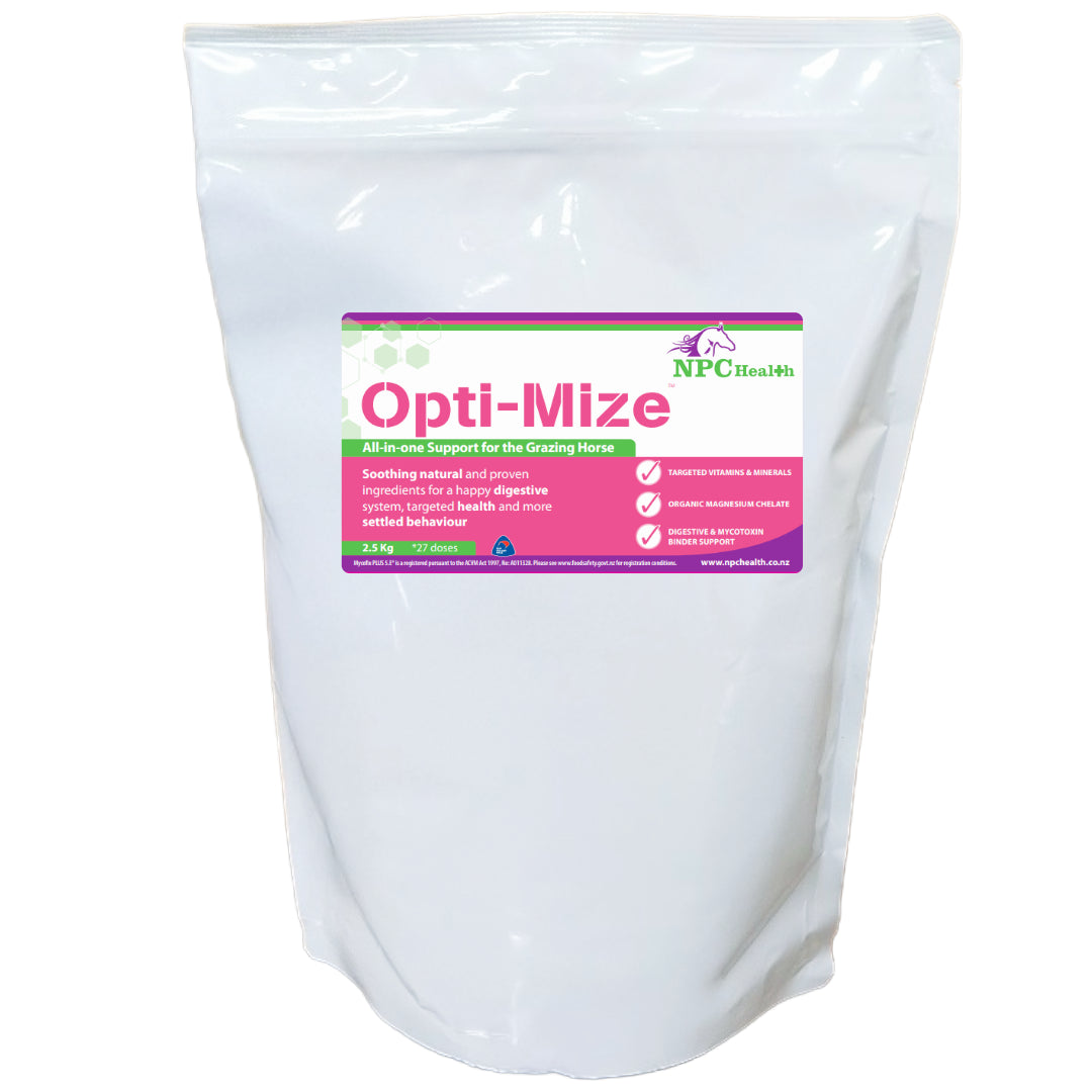 Bag of Opti-Mize horse feed supplement with NPG Health branding on a white background