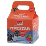Rockies Five Star Equine Range horse salt in a 5kg paper bag with a handle, featuring orange and blue packaging with product imagery.