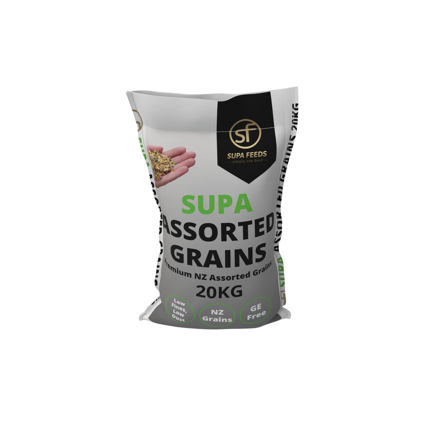 A 20kg bag of Supa Feeds 'Supa Assorted Grains' on a plain white background.