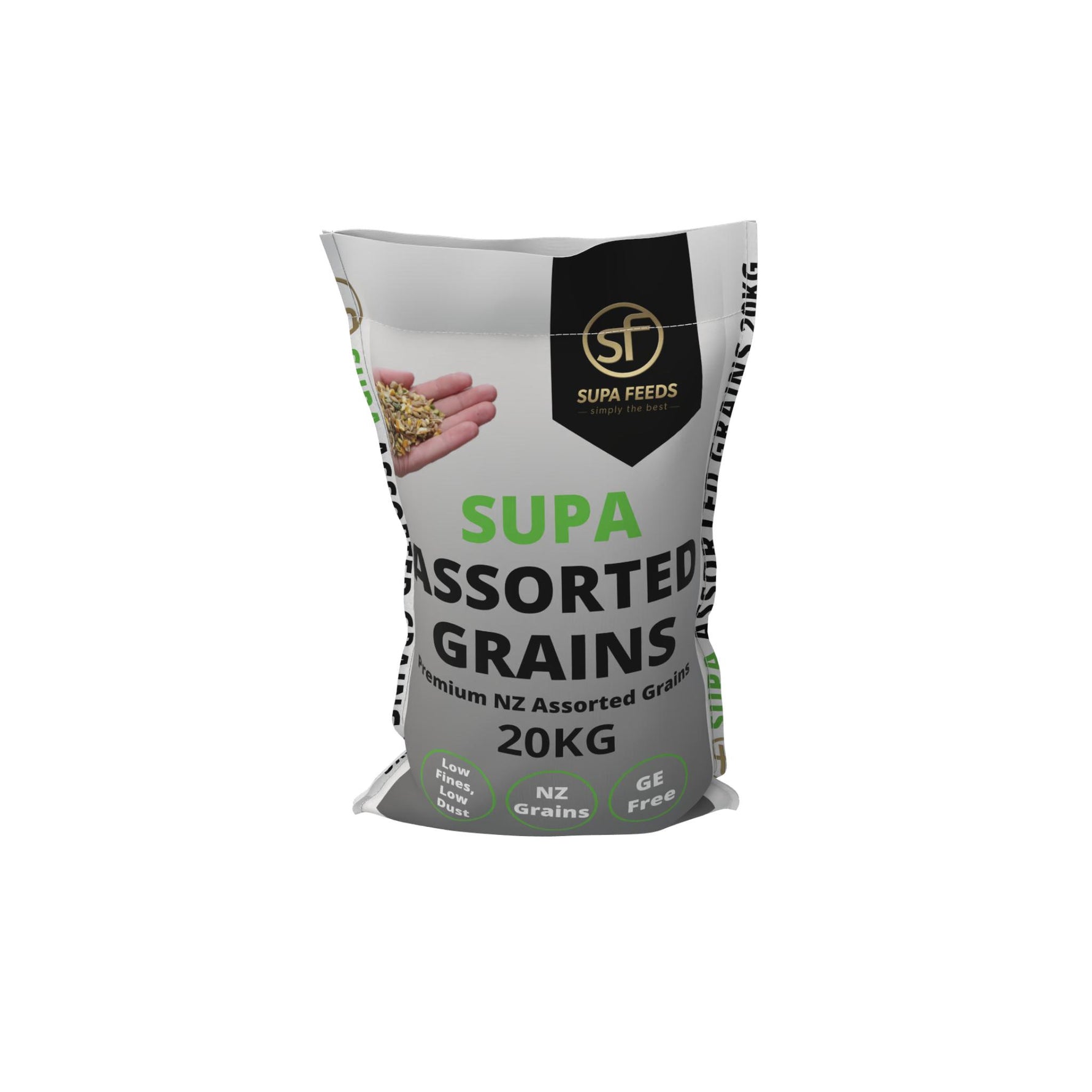 A 20kg bag of Supa Feeds 'Supa Assorted Grains' on a plain white background.
