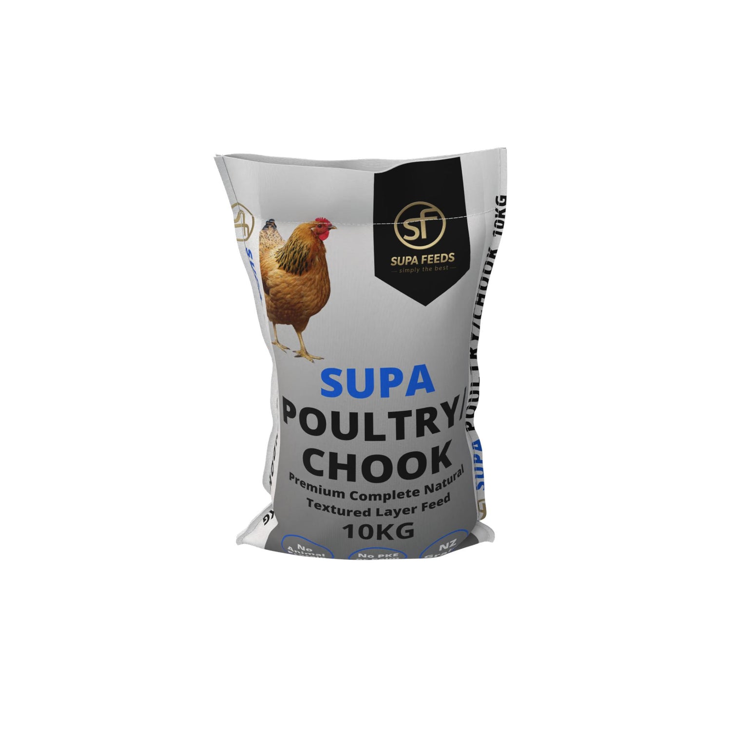 A 10kg bag of SUPA Poultry Chook textured layer feed by SUPA Feeds, featuring a white and gray bag with a chicken illustration and a black logo shield.