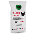 A 20kg bag of Takanini Feeds Chook Chow, a natural mix of whole and crushed grains plus vitamins and minerals, for laying hens and pullets.
