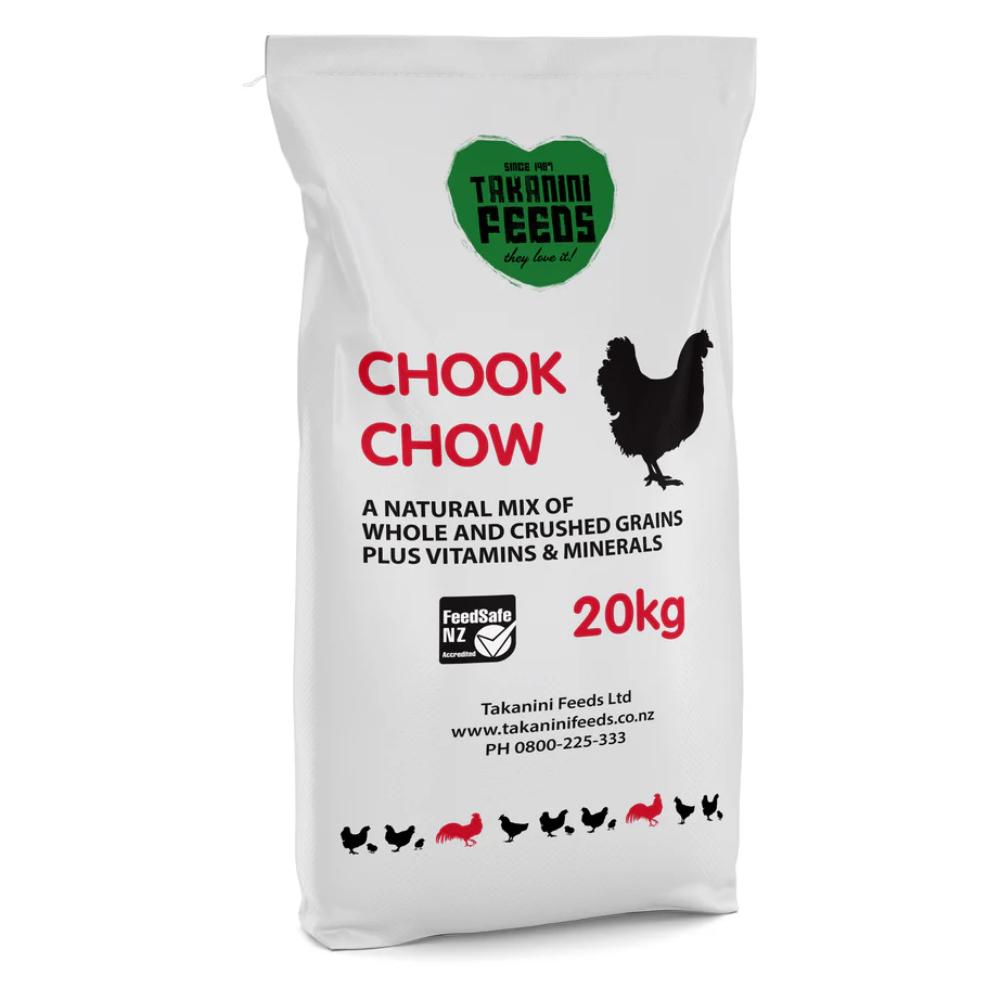 A 20kg bag of Takanini Feeds Chook Chow, a natural mix of whole and crushed grains plus vitamins and minerals, for laying hens and pullets.