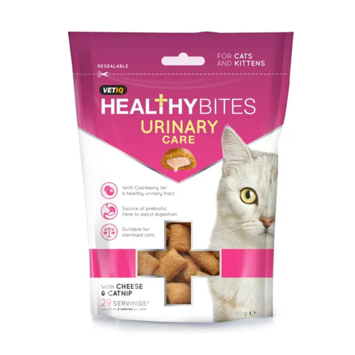 VetIQ Healthy Bites Urinary Care cat food in a resealable pouch, featuring a white and magenta design with a picture of a white cat and a window showing the brown kibble inside.