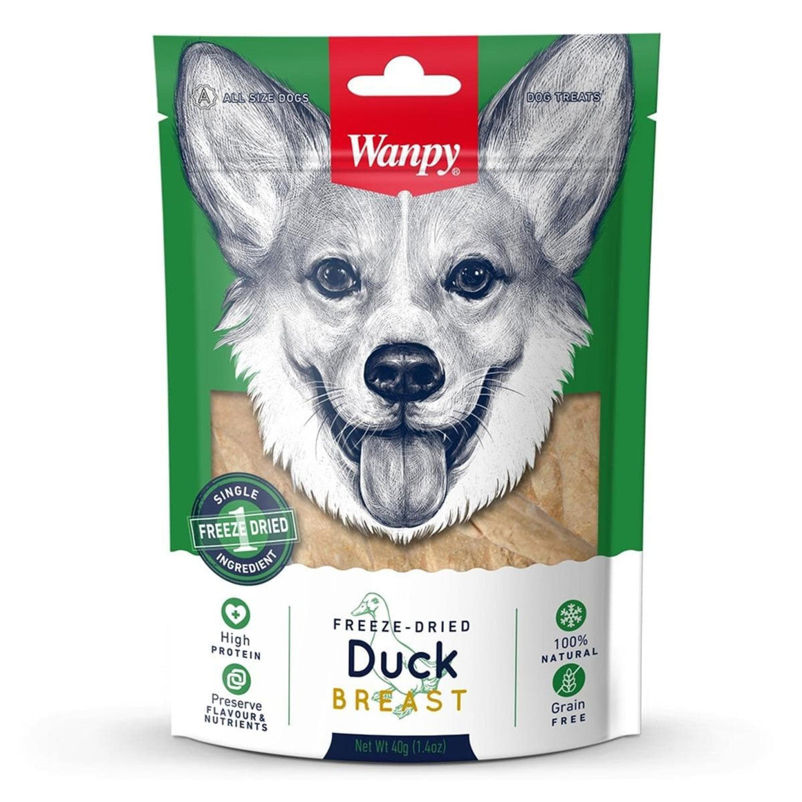 Wanpy freeze-dried duck breast dog treat package on a white background