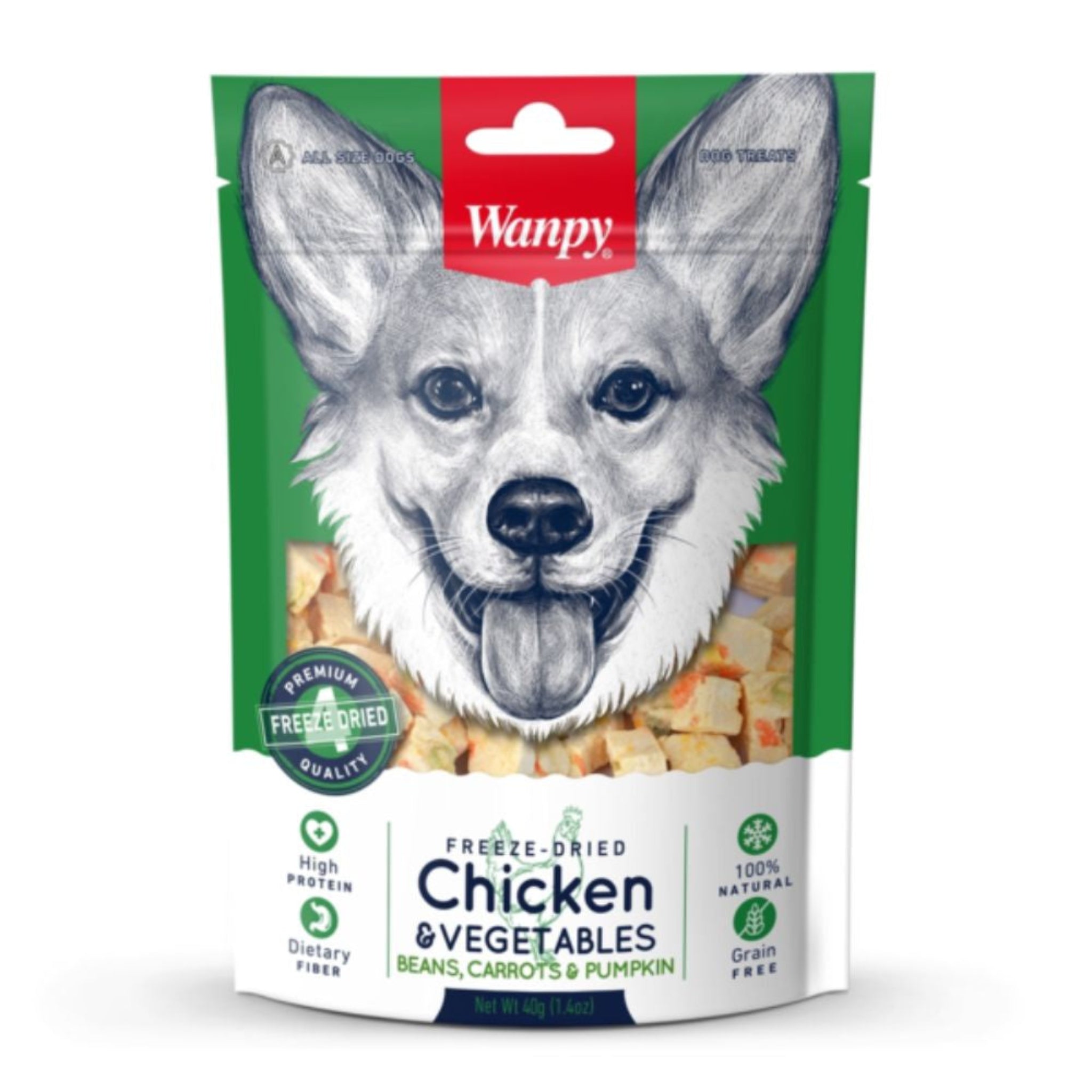 Wanpy freeze-dried chicken and vegetables dog food package with a dog illustration on a white background