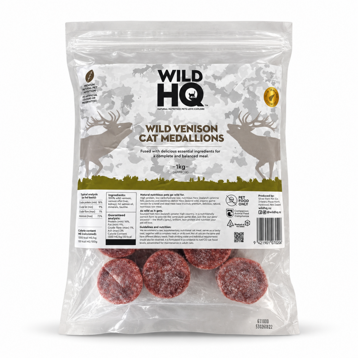 A 1kg bag of Wild HQ Wild Venison Cat Medallions, showing the clear front packaging with the brand logo, product name, and visible round cat treats inside.