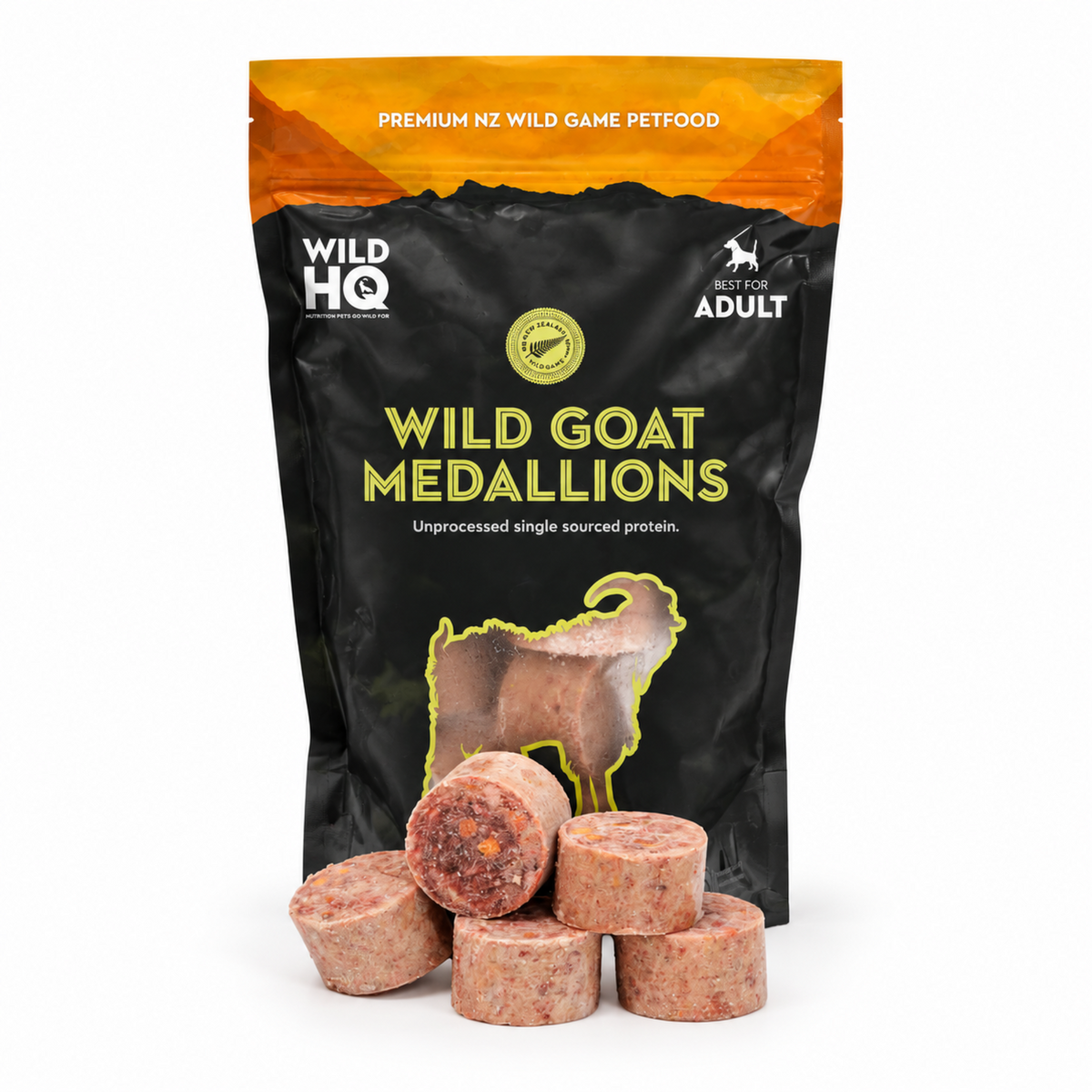 A black stand-up pouch of Wild HQ Wild Goat Medallions pet food, with several round raw meatballs displayed in front on a white background.