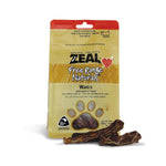 A package of Zeal Free Range Naturals Wags dog treats standing upright on a white background, with two brown bone-shaped treats placed in front of the bag.