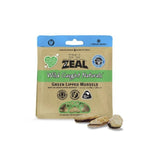 A package of Zeal Wild Caught Naturals Green Lipped Mussels freeze dried pet treats, shown with three raw mussels in front of the packaging on a white background.