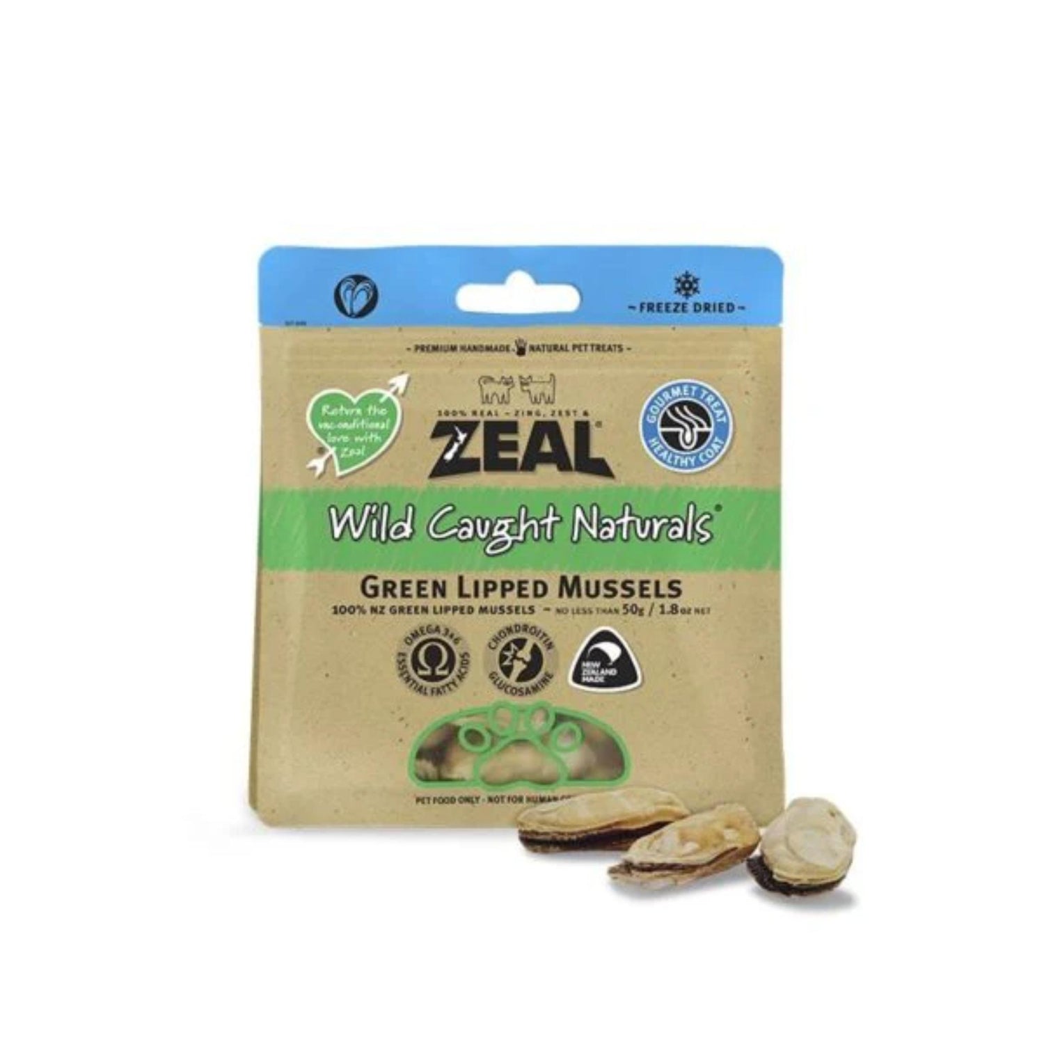 A package of Zeal Wild Caught Naturals Green Lipped Mussels freeze dried pet treats, shown with three raw mussels in front of the packaging on a white background.