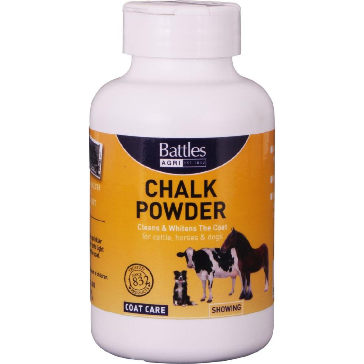 A white plastic bottle of Battles Agri-Systems Chalk Powder for cattle, horses, and sheep, featuring a yellow and navy label with illustrations of a cow, horse, and dog.